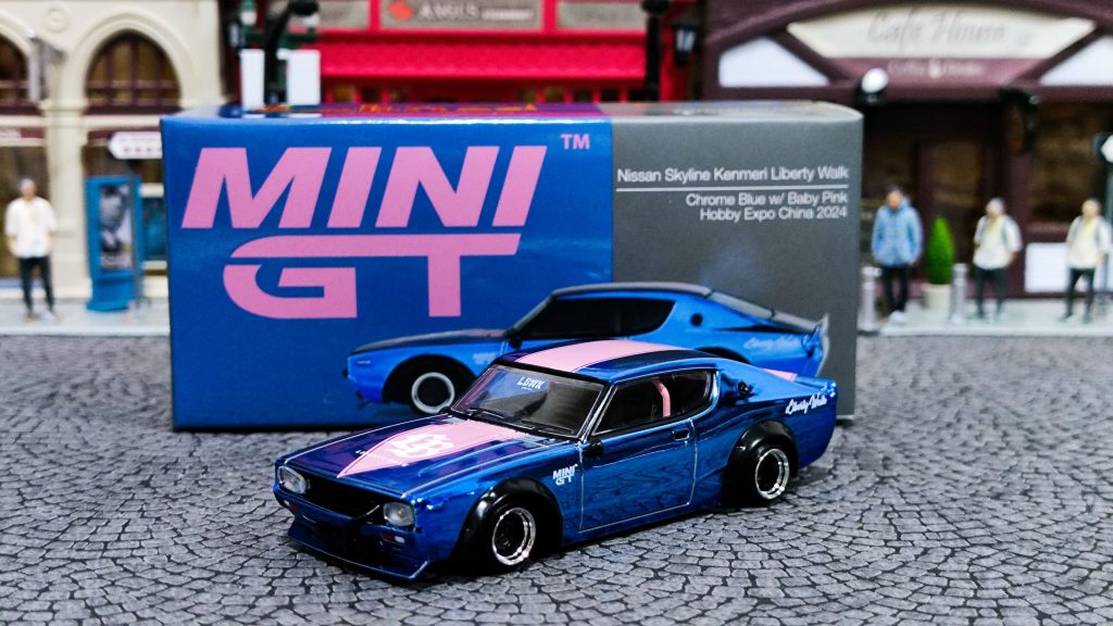 MINI GT Nissan Skyline Kenmeri Liberty Walk Chrome Blue w/ Baby Pink "One Night in Beijing"