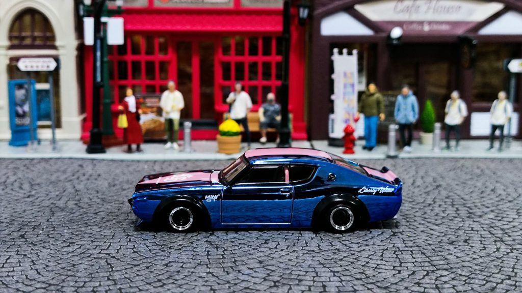 MINI GT Nissan Skyline Kenmeri Liberty Walk Chrome Blue w/ Baby Pink "One Night in Beijing"
