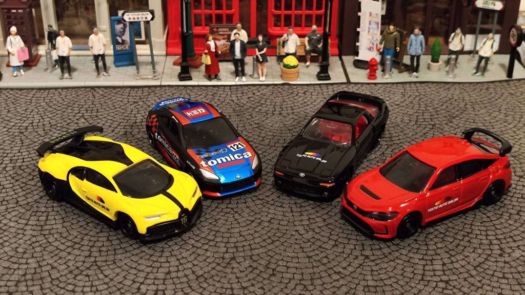 Tomica Tokyo Auto Salon 2025 Honda Civic Type R、Toyota SUPRA (A70)、Bugatti Chiron Pur Sport,以及Tomica Netz Hyogo GT86 Toyota GR86